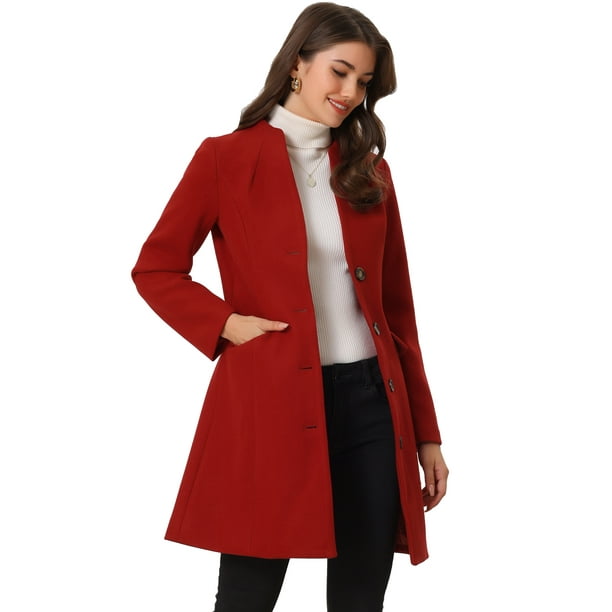 Abrigo largo elegante de invierno para mujer con cuello en V y un solo pecho Rojo Oscuro M Allegra K Abrigo