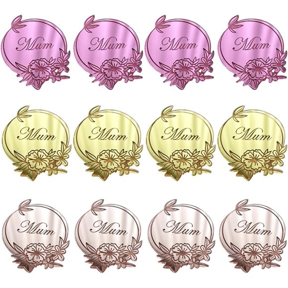 12pcs Mother’ Day Cupcake Toppers Mum Flower Cake Toppers Gold Acrylic Mirror Disc Round Cake Engraved Cake Decoration For Mom’s Birthday Party Cakes Accessories