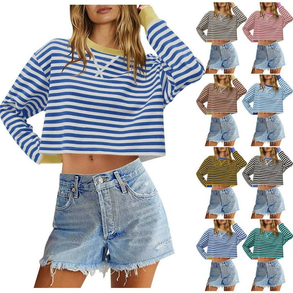 UVEASISHA Striped Crop Sweatshirt Women Fashion Colorblock Crewneck Pullover Short Tops Long Sleeve Casual Cute Sweatshirts No Hood 2024 Fall Clothes Deal of The Day,Black,2XL