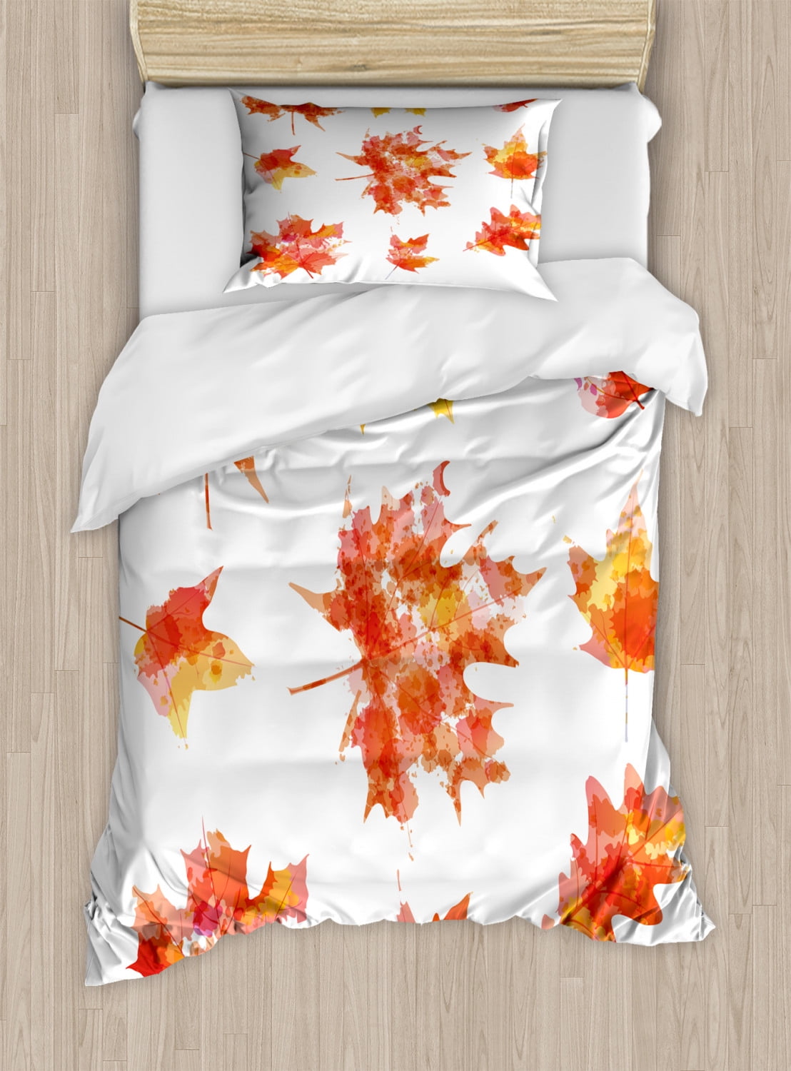 Leaves Twin Size Duvet Cover Set, Watercolor Effect Autumn Season Maple
