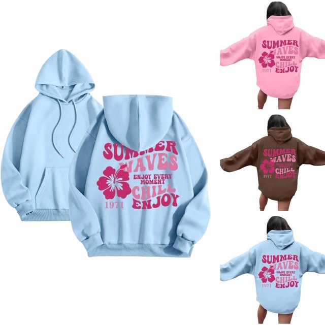 Pink Graphic Hoodie For Women 2024 Cute Preppy Sweatshirt Long Sleeve Drawstring Pullover Tops With Pockets
