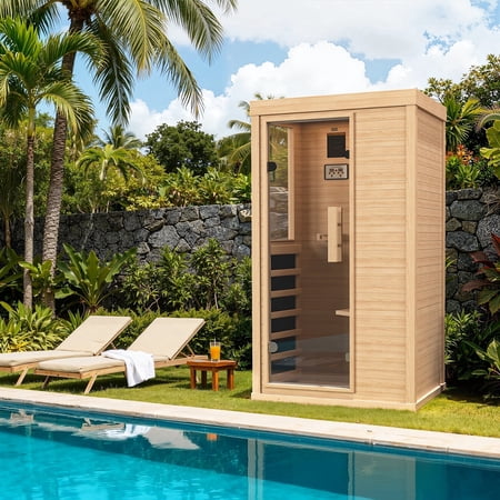 Dateyes Full Spectrum Infrared Sauna , 1-Person Home Sauna 850W Hemlock Wood Spa with Resonance Speaker & Tempered Glass