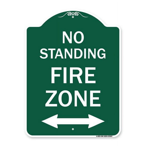 SignMission A-DES-GW-1824-23587 18 x 24 in. Designer Series Sign - No Standing Fire Zone with Bidirectional Arrow, Green & White
