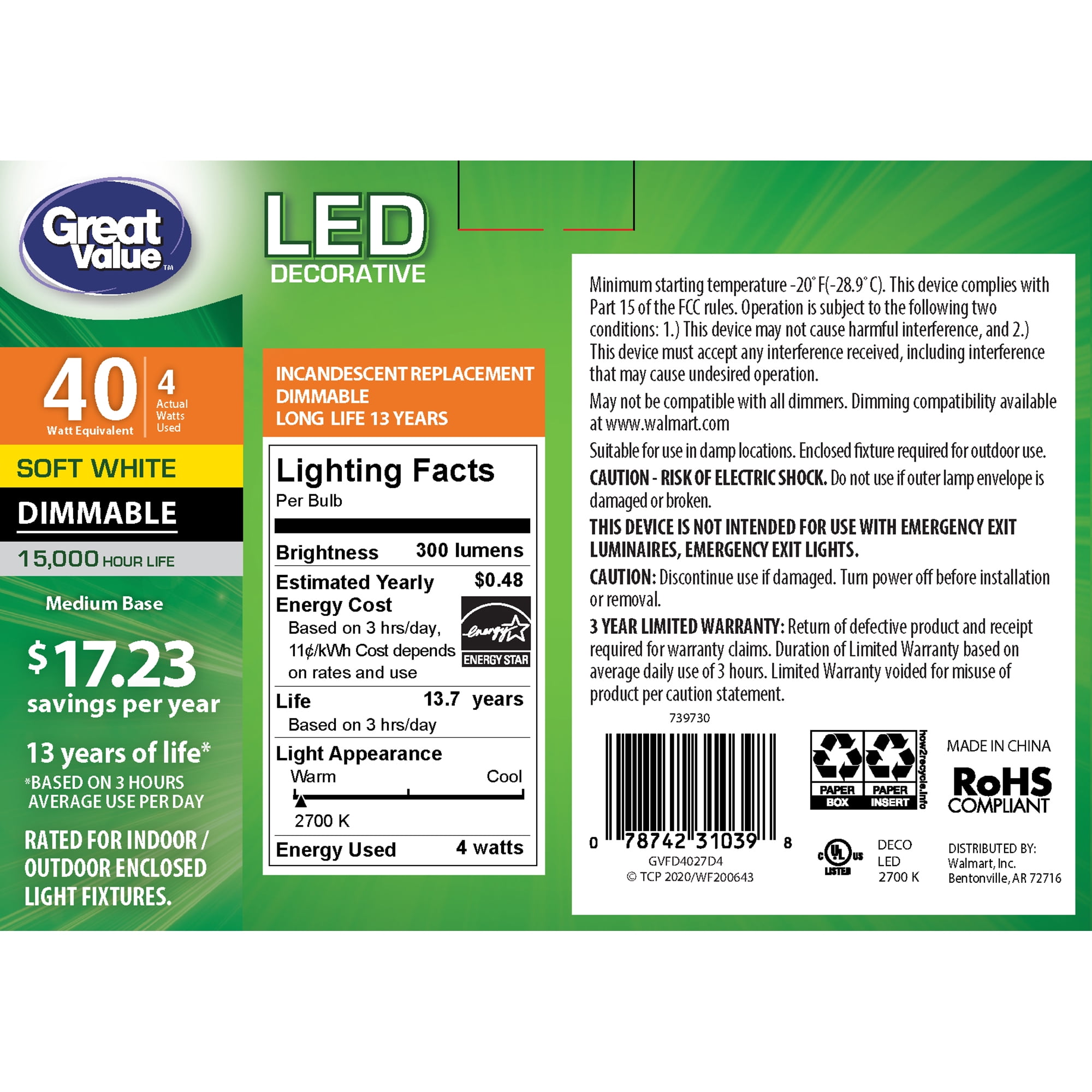Great Value LED Light Bulb, 4 Watts (40W Equivalent) B10 Deco Lamp E26 Medium Base, Dimmable, Soft White, 4-Pack