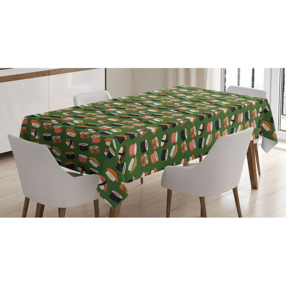 Sushi Tablecloth, Seafood Themed Traditional Sushi Rolls Consisting of Rice Raw Fish Veggies in Seaweed, Rectangle Satin Table Cover for Dining Room and Kitchen, 60" X 90", Multicolor, by Ambesonne