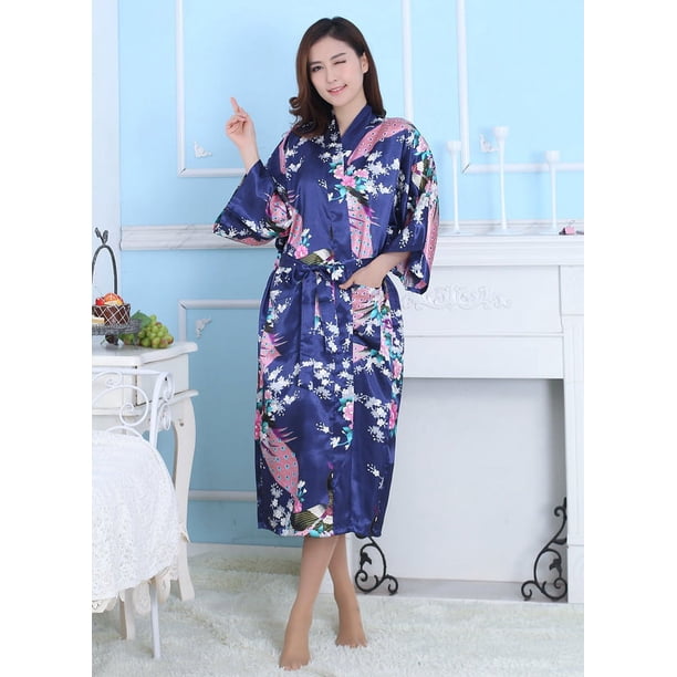 Camisón tipo cárdigan largo de verano para mujer, de seda helada, con estampado de pavo real, tipo kimono, de seda morera fina y mediana