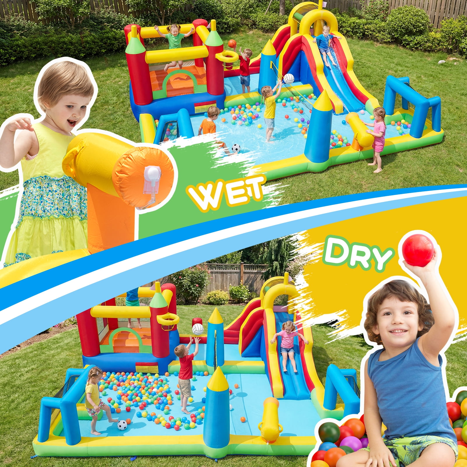 Patiojoy Inflatable Water Slide Park 9-in-1 Giant Bounce House w/ Jumping Area Splash Pool without Blower