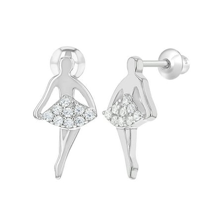925 Sterling Silver Clear CZ Dancer Ballerina Screw Back Earrings for Girls or Teens