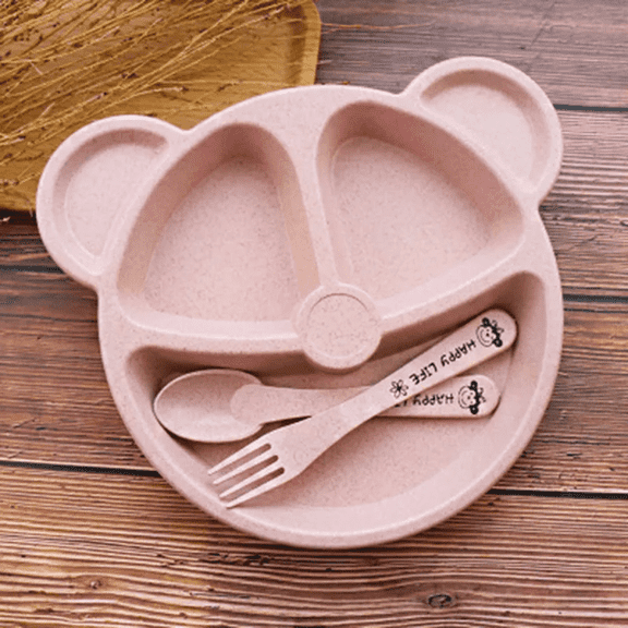 Kids Plate Set Bear-Shaped 3 Sectioned Compartments Wheat-Straw Material with Spoon and Fork, Pink