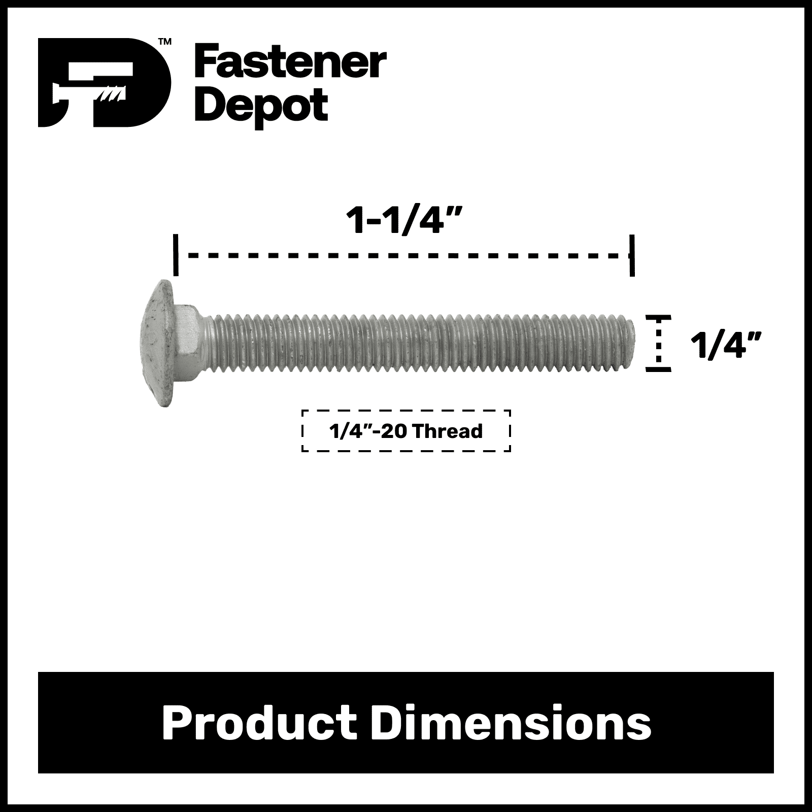 1/4"-20 x 1-1/4" Hot Dipped Galvanized Carriage Bolt w/Nuts & Flat Washers, Quantity 100 - by Fastener Depot, LLC