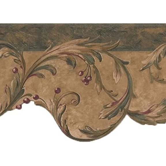 Concord Wallcoverings Wallpaper Border Vintage Damask Pattern Vine Leaves Berries for Bedroom Living Room, Green Beige Brown Red Mustard, 7 Inches by 15 Feet OA8213B