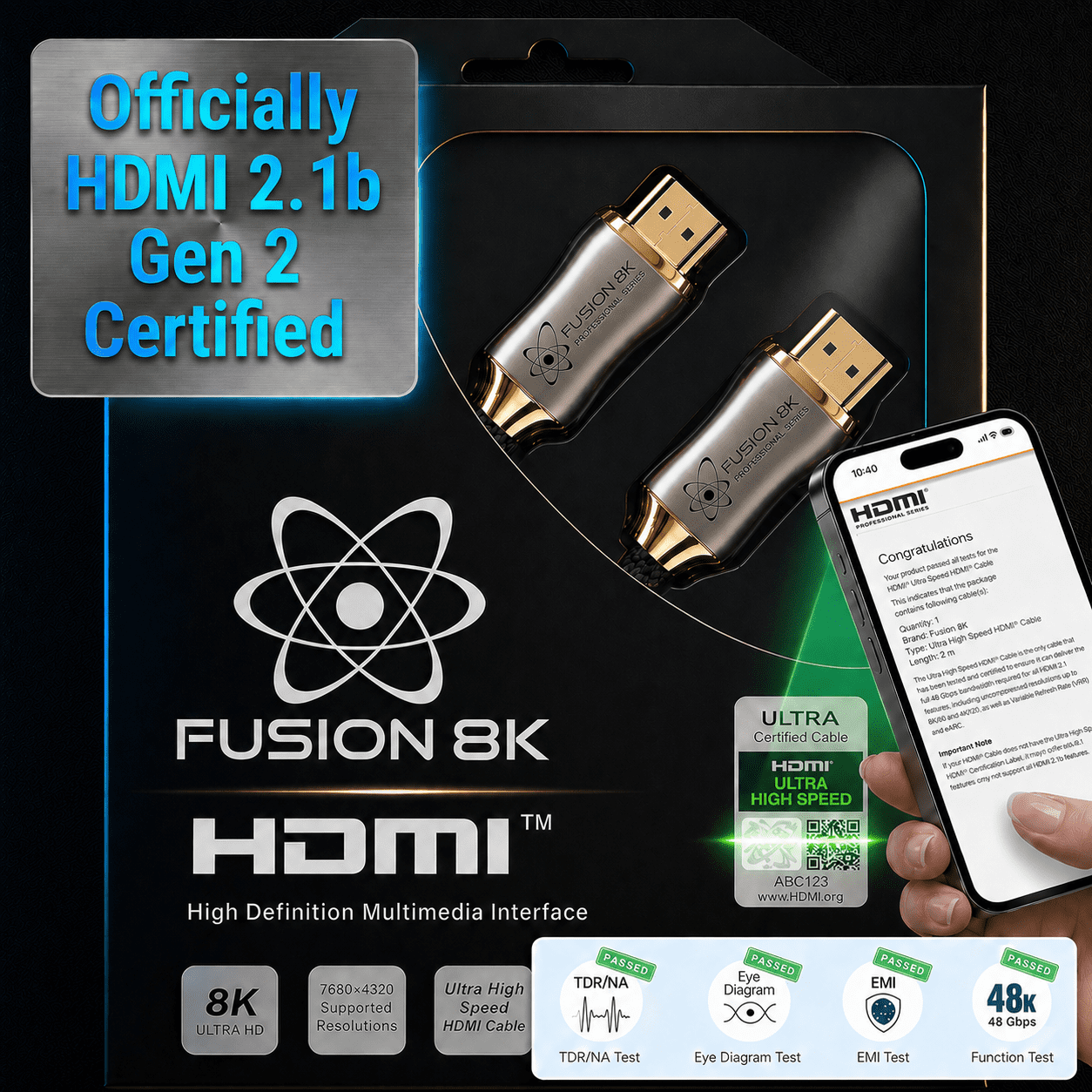 Fusion8K HDMI 2.1 Cable 6ft - Certified 48Gbps 8K 4K 120Hz, Nylon Braided for PS5 Xbox Series X, HDR eARC VRR ALLM, Black