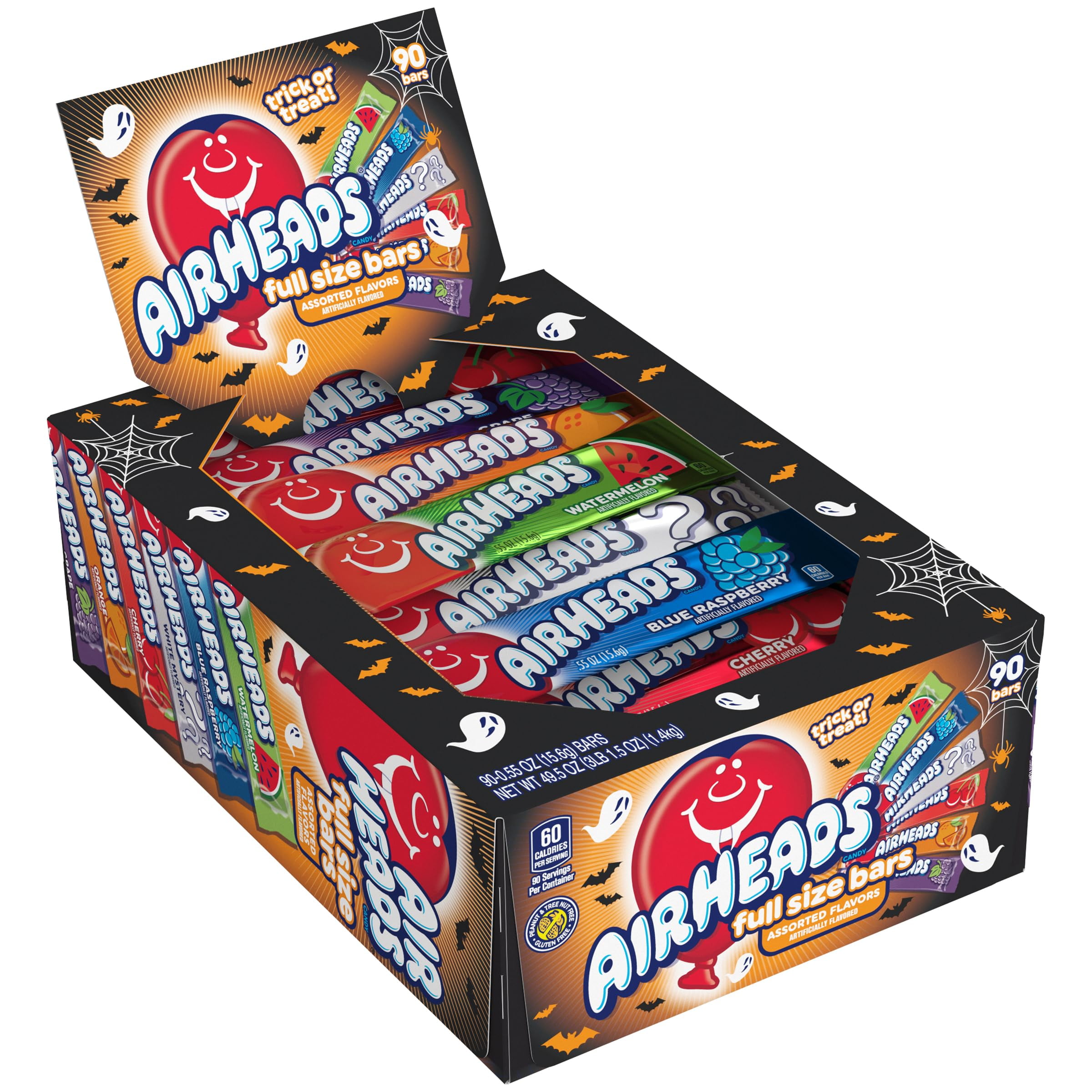 Airheads Candy Bars, Halloween Variety Box, Chewy Full Size Fruit Taffy, Trick or Treat Mega Box, 90 Individually Wrapped Full Size Bars (Packaging May Vary) 90 Count (Pack of 1)