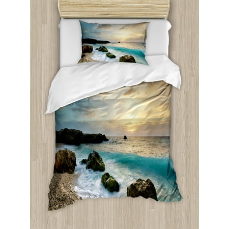 Duvet Covers Blue And Brown Ocean Twin Size Duvet Cover Set, Seascape Composition of Nature Rocks Waves Cloudy Sky Rising Sun Beach Photo, Decorative 2 Piece Bedding Set with 1 Pillow Sham, Brown Blue Yellow, by Ambesonne ()