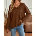thumbnail image 3 of Button Detail V Neck Drop Shoulder Textured Knit Top for Women Brown X-Large, 3 of 5