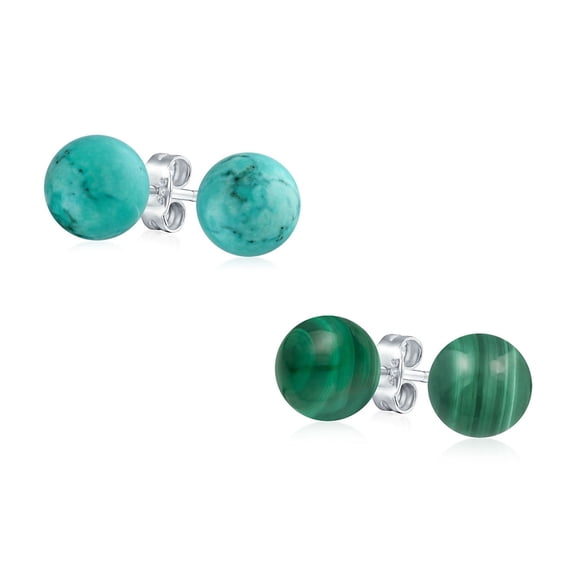 Bling Jewelry Womens Green Malachite Blue Turquoise Ball Stud Earrings 10MM Gemstone Sterling Silver Post (Set of 2)