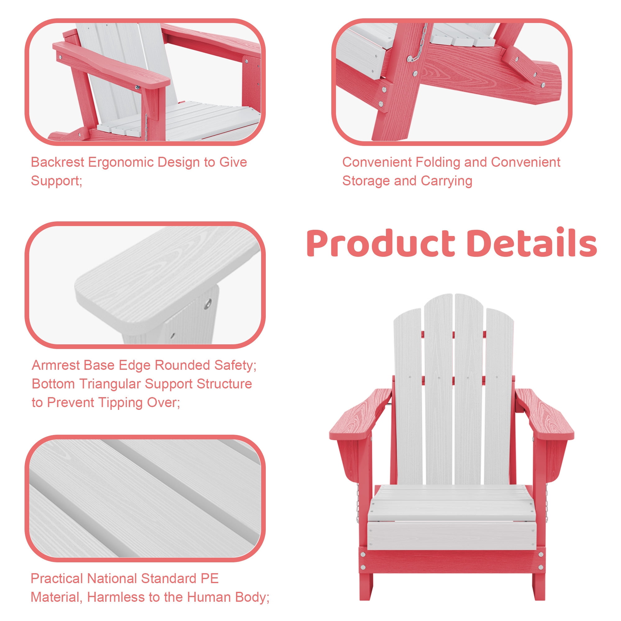 FUNDAZE HDPE Adirondack Outdoor Chair, Foldable & Weather-Resistant Patio Chair for Garden Lawn Deck,Pink and White