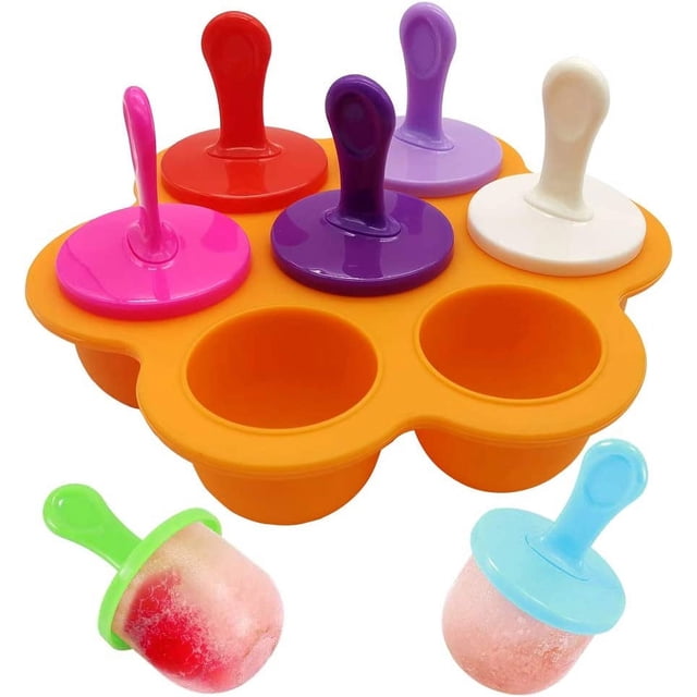 Molde para paletas pequeñas de silicona para niños de 7 cámaras Máquina de helados Molde para paletas (naranja), molde para paletas de bebé con palitos de colores, rechinar los dientes de los niños y