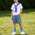 thumbnail image 3 of Boys 4 Pieces Back To School Outfit Round Neck Solid Short Sleeve Tee and Pockets Denim Shorts and Shawl and Knee High Socks Performance Outfits Casual Clothes Set 3-16 Years, 3 of 9