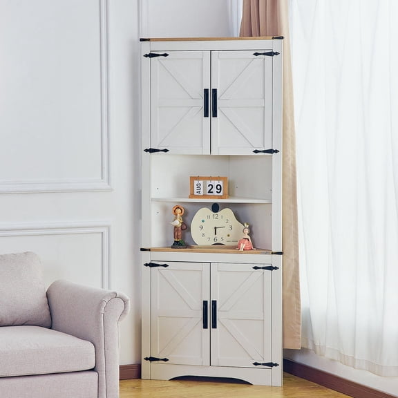 Farmhouse Tall Corner Cabinet with Doors, 70" Corner Storage Cabinet with Adjustable Shelves, for Living Room, Bathroom, Kitchen | Solid Wood Organizer with Anti-Tip Anchor
