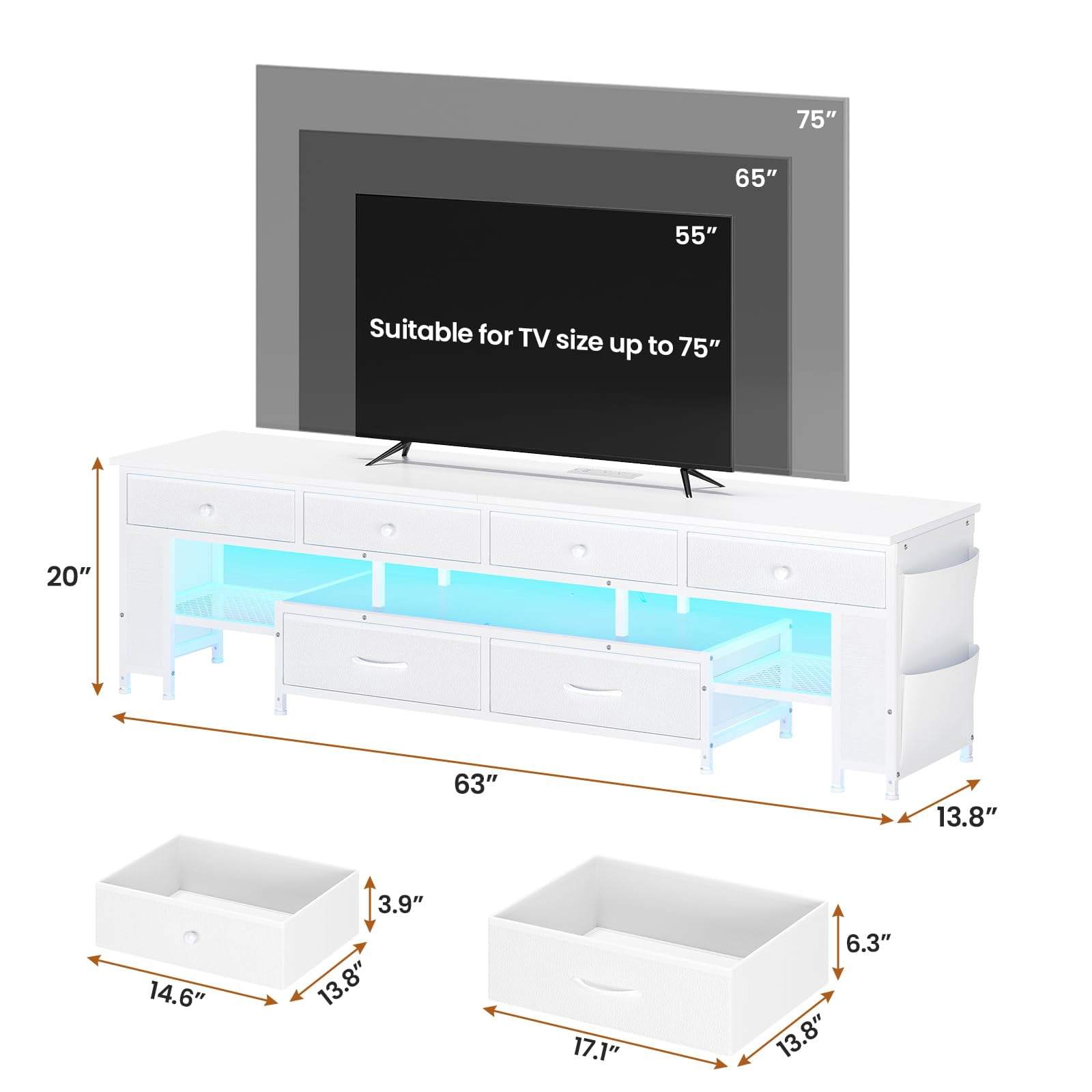 63" TV Stand with 6 Drawers  4 Side Storage Bags & Shelves,for 65/70/75 Inch TV, Entertainment Center with Led Light and Power Outlets,White
