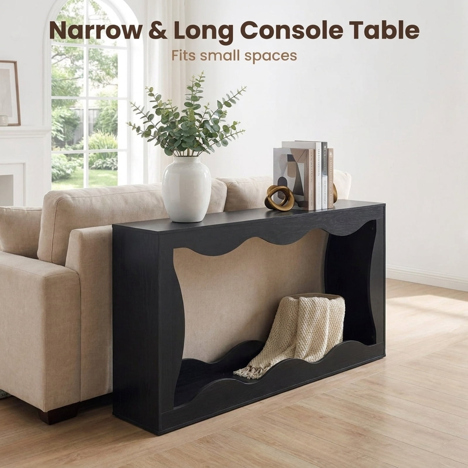Furnibear 63 Inch Long Narrow Console Table 2 Tier Entryway Table with Wavy Edge Storage Shelf for Hallway Living Room, Black