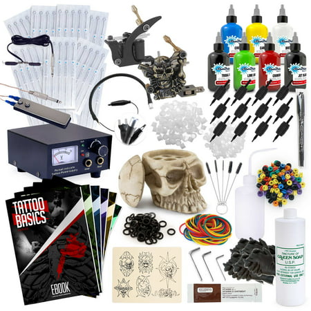 Rehab Ink Complete Tattoo Set w/ 2 Machines, Power Supply, 7 StarBrite Colors Inks, Skull Ink Holder &
