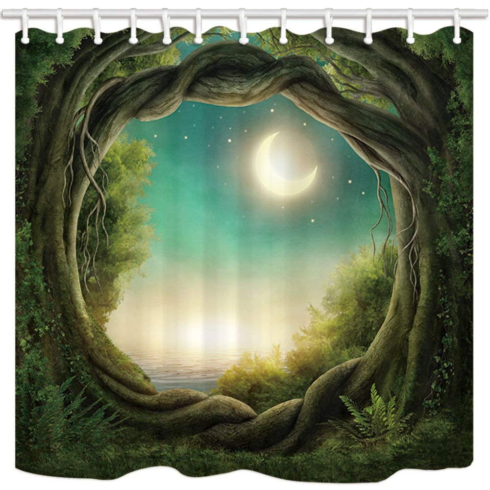 Enchanted Dark Forest Lit by Night Moon Bathroom Shower Curtain Polyester Hooks 