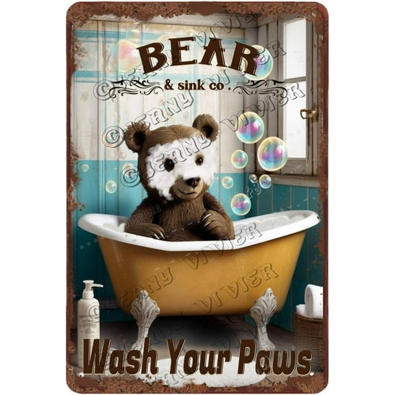 Bear Decor Wash Your Paws Retro Aluminum Sign 12x8 IN Metal Tin Sign Funny Bathroom Wall Decor Bear Gifts Bear Wall Decor Rustic Country Home decor for Farmhouse Cafes Club Man Cave Decor