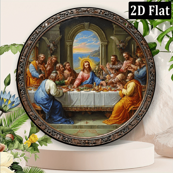 2D Flat, 1pc, Last Supper, Round Aluminum Decorative Plaque (8inchx8inch), Round Gift Sign, Bar And Restaurant Decoration, Living Room And Bedroom Decoration, Holiday Decoration, Farm