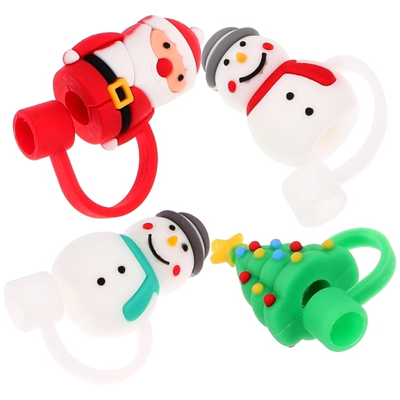 4-Pack Christmas Tree Straw Dust Caps PVC Drinking Cover Toppers for Holiday Party Drinks