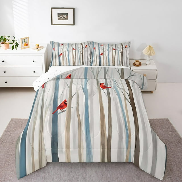 Erosebridal Cardinal Bird Bedding Toddler Comforter Set, Birch Tree Down Comforter, Lightweight, 2-Piece