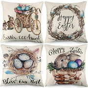 CDWERD Easter Throw Pillow Cover 18 x 18 Inches Easter Decoration Rabbit Bunny with Eggs Farmhouse Cotton Linen Cushion Case Spring Decor for Sofa Couch Car Set of 4