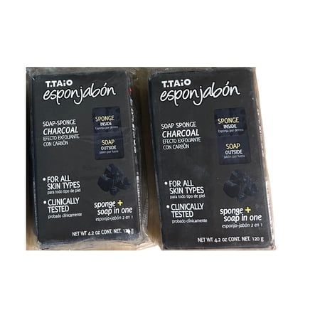 T.Taio Esponjabon Charcoal Soap Sponge &ndash; Exfoliating Body Bar with Glycerin &ndash; 4.2 oz Each &ndash; 2 Pack