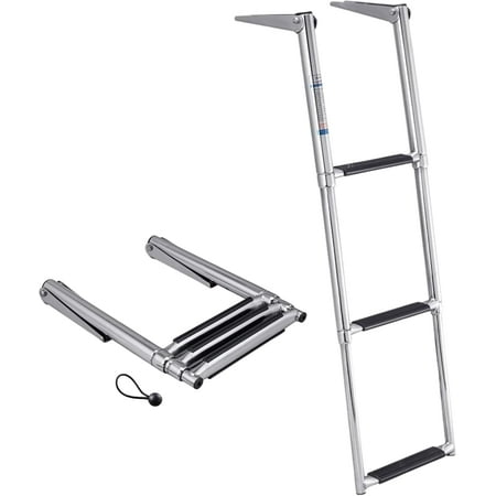Telescoping 3-Step Over Platform Drop Ladder - 304 Stainless Steel Heavy Duty Folding Marine Boarding Ladder w/Bungee Strap for Boats, Swim Platforms, Yachts, RVs, Docks - B00301R