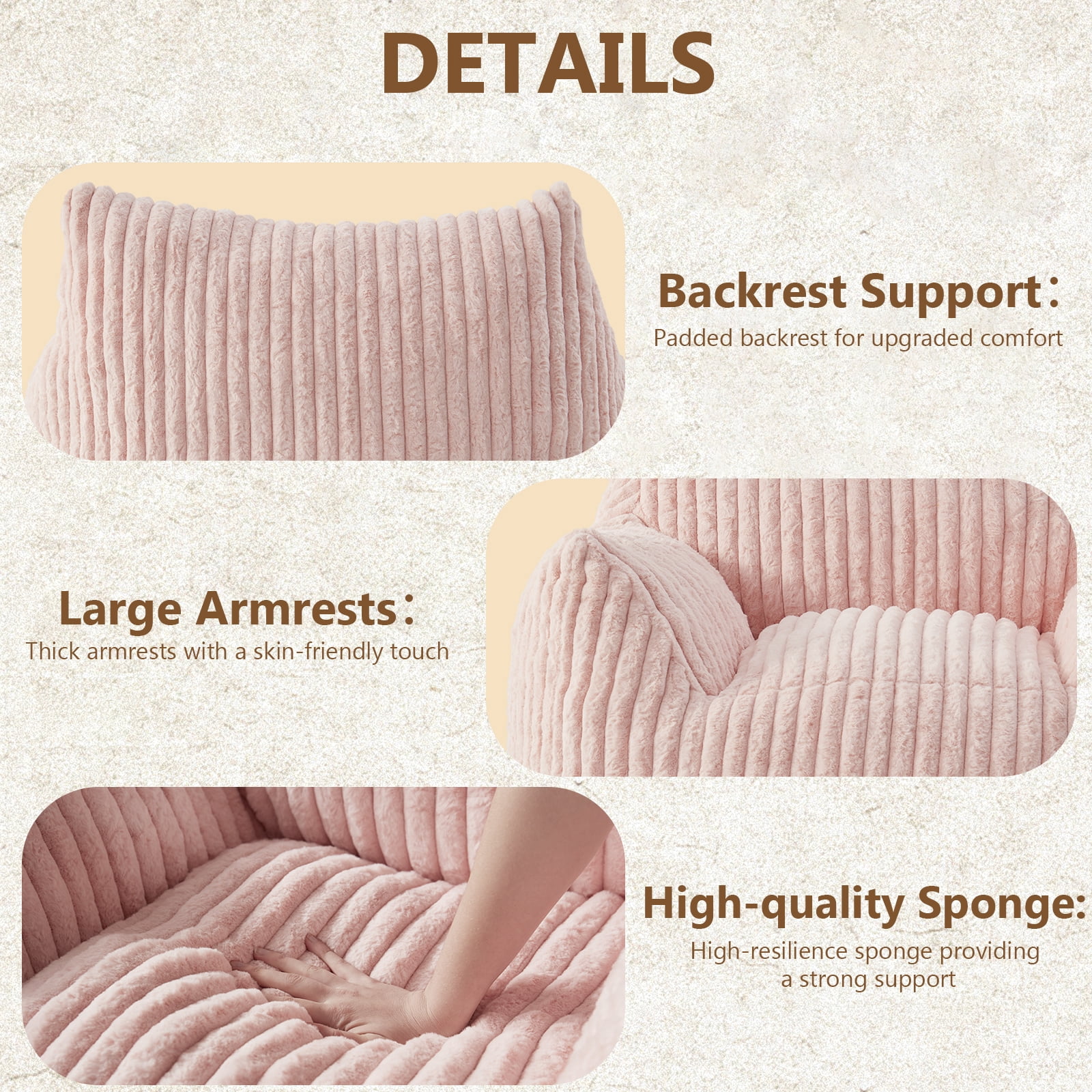 Ebenchico 3ft Bean Bag Chair for Adults Teens Kids with Armrests, Striped Fuzzy BeanBag Chairs with Filling, Pink
