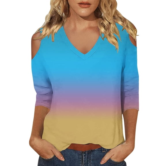 Womens Tops 3/4 Length Sleeve Tops Neck Casual Print Tunic T Shirts Three Quarter Length Tops Blouses For Women