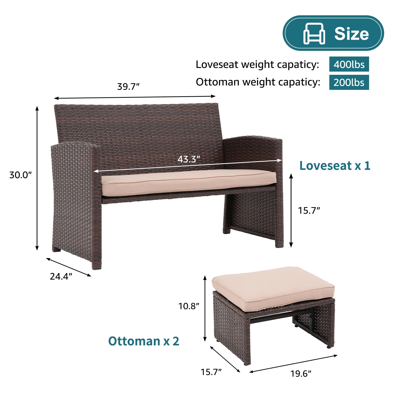 JOIVI 3 Piece Outdoor Loveseat, Patio Furniture Set with Ottoman, Brown Rattan, Beige Cushion