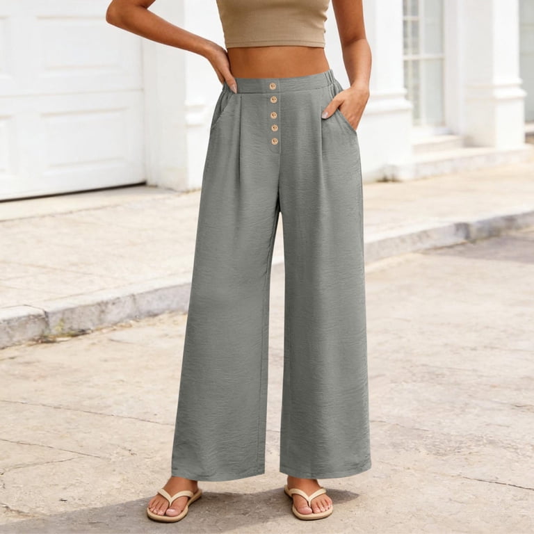 Womens Spring Summer Soft Flowy High Waist Pull On Straight Wide Leg Stretch Drape Dress Pants with Button Army Green