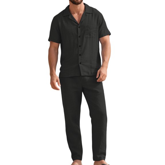 OIOLOYJM Men 2 Piece Outfit Linen Beach Short Sleeve Button Down Pocket Shirt and Elastic Waist Pajama Pants Casual Relaxed Fit Vacation Sleep Pj Sets Black 2XL