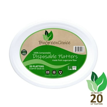 BioGreenChoice 12 5/8 in x 10 in. Large Oval Serving Platters (240 count- Bulk) Eco-Friendly Paper Platters for Thanksgiving & Events -Heavy duty & Microwave safe