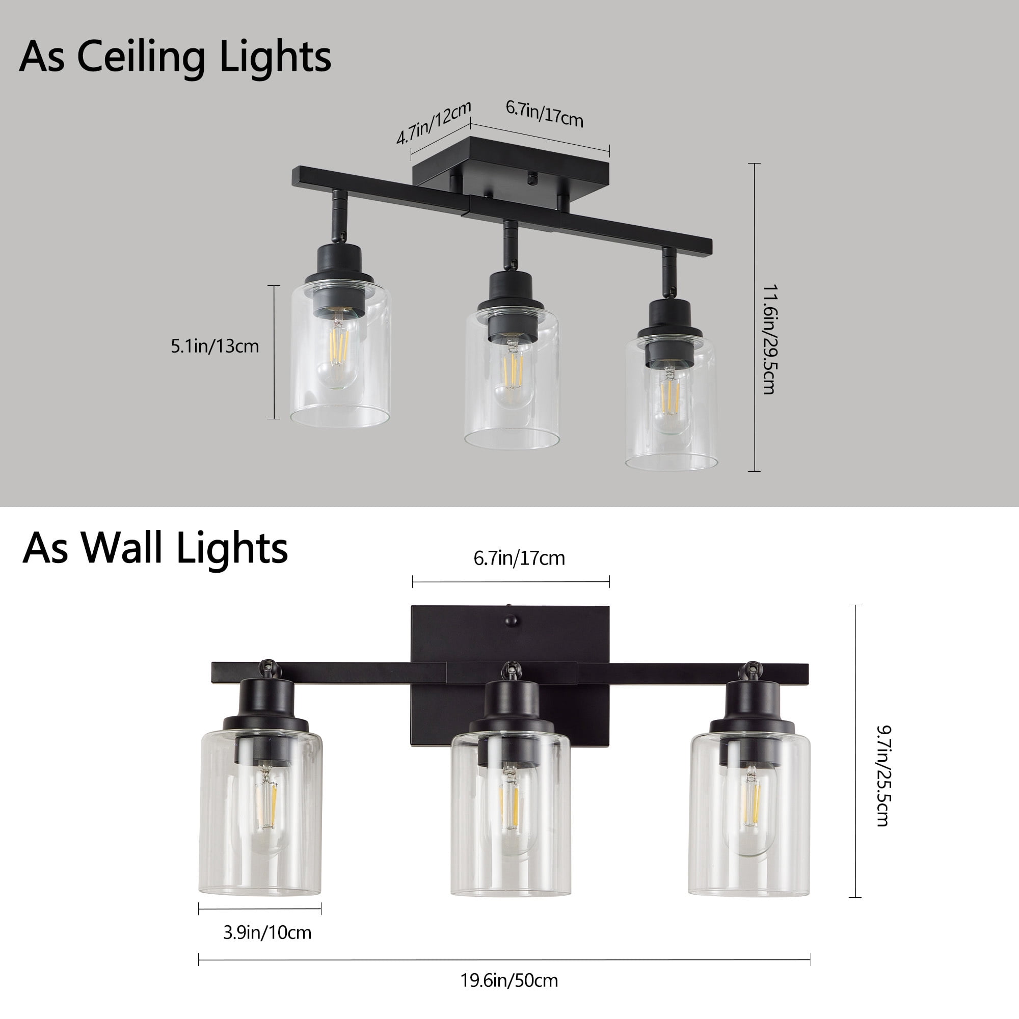Leumius 3-Light Semi Flush Mount Ceiling Light, Adjustable Kitchen Light Fixtures Ceiling Mount with Clear Glass Shades, Rotatable Black Track Lighting Fixtures for Hallway, Foyer, Bedroom(No Bulbs)