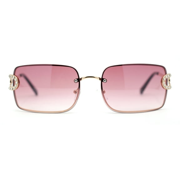 Women Rhinestone Jewel Rimless Rectangle Metal Rim Sunglasses Gold - Pink