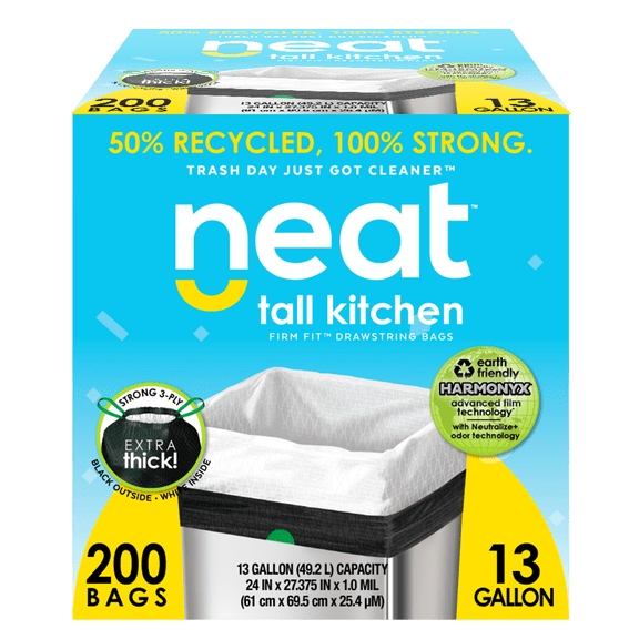 neat 13 Gallon Drawstring Trash Bags - (Mega 200 Count) - Triple Ply Fortified, Eco-Friendly 50% Recycled Material, Neutralize+ Odor Technology, Reversible Black and White Garbage Bags