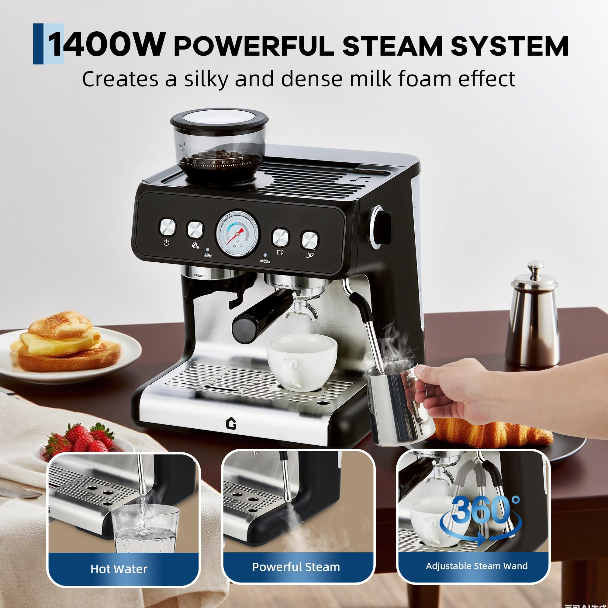 Juiluna 20 Bar Pressure Stainless Steel Espresso Machine with Grinder, 2.8L Removable Water Tank, Milk Frother Steam Wand for Latte/Cappuccino - Adjustable Shot Volume, Professional Home/Office Use