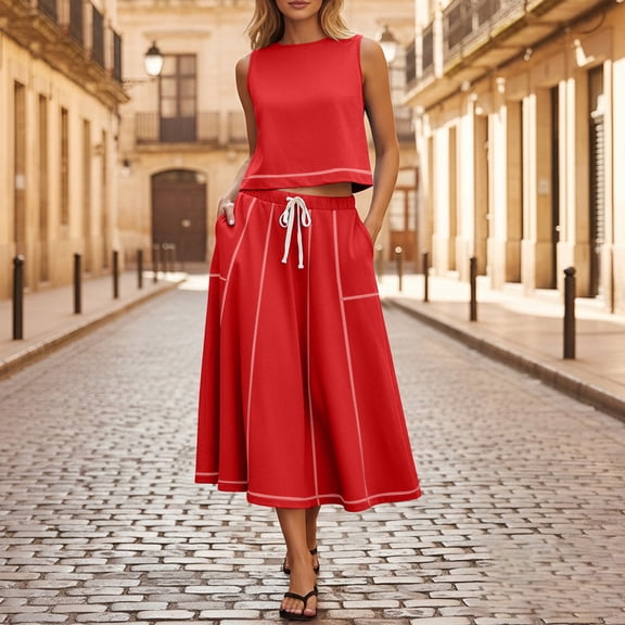 Gamivast Summer Sets Women 2 Piece Outfits Sleeveless Tank Top & Midi Skirt Casual Streetwear Contrast Binding Stitching Vacation Matching Suit