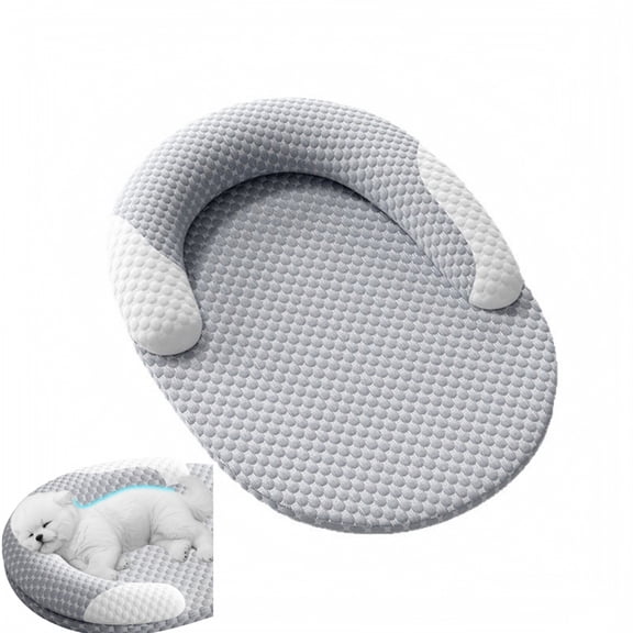 Wizlet Pet Cooling Mat with U-Shaped Support Pillow, Breathable Oval Sleeping Cushion for Indoor Cats & Small Medium Dogs, Detachable Washable & Non-Slip Bottom Summer Rest Pad Gray L