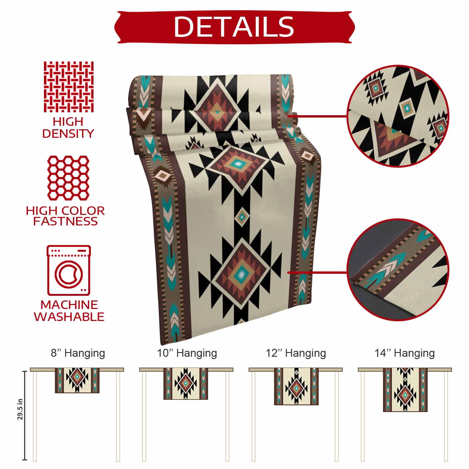 Southwest Geometric Table Runner 108 Inches Long,Brown Mexican Aztec Boho Tribal Cotton Linen Table Runners Dresser Scarves,Decorative Tabletop Scarf Furniture Cover for Home Dinner Party 13"x108"