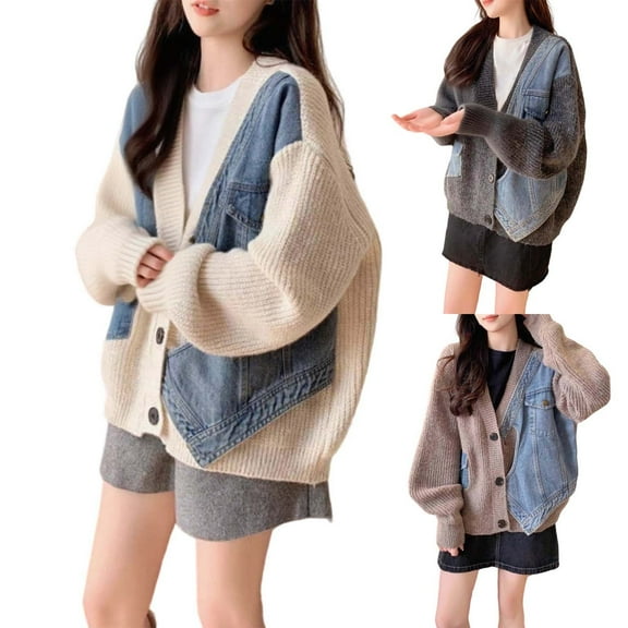 Cardigan for Women Fall Winter Warm Trendy Button Down V Neck Knitted Denim Patchwork Sweater Jacket Open Front Casual Long Sleeve Grey One Size