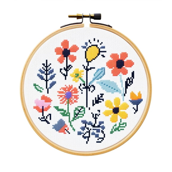 Cartoon Simple Little Flower DIY 11CT Stamped Cross Stitch Kits Easy for Beginners Children with Hoop Needlepoint Counted Embroidery Kits Art Craft Wall Decor 12x12inch(84)